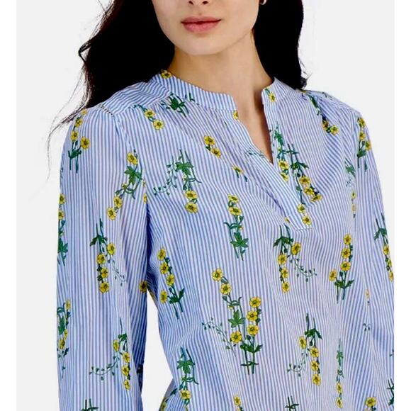 NAUTICA Jeans Floral Blue Stripes Top Blouse Large 3/4 Sleeve Office Preppy - Picture 9 of 13